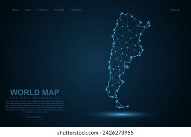 Mapa de Argentina - Mapa del Mundo línea de masa y escalas de puntos sobre fondo azul de la tecnología. Línea de red poligonal de malla 3D de marco de alambre, esfera de diseño, punto y estructura - Ilustración vectorial eps 10