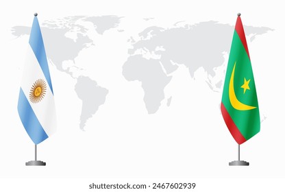 Argentina and Mauritania flags for official meeting against background of world map.