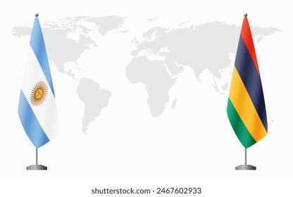 Argentina and Mauritius flags for official meeting against background of world map.