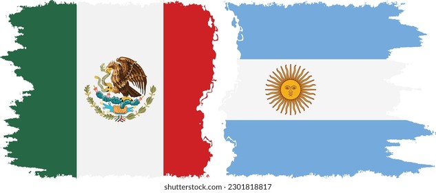 Conexión de banderas Argentina y México grunge, vector