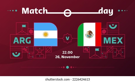 partido de fútbol de méxico argentino 2022. Partido del Campeonato Mundial de Fútbol 2022 frente a equipos con antecedentes deportivos, afiche de la competencia del campeonato, ilustración del vector.