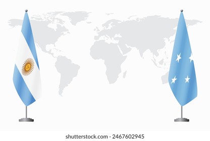 Argentina and Micronesia flags for official meeting against background of world map.