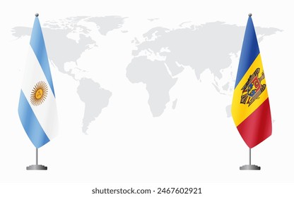 Argentina and Moldova flags for official meeting against background of world map.