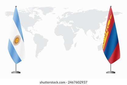 Argentina and Mongolia flags for official meeting against background of world map.