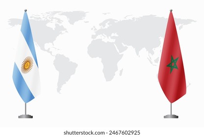 Argentina and Morocco flags for official meeting against background of world map.