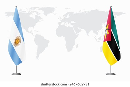 Argentina and Mozambique flags for official meeting against background of world map.