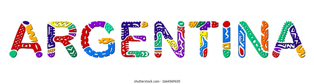 Argentina. Multicolored bright contrast isolate inscription. Colored curves doodle letters. Argentina for print on clothing, t-shirt, souvenir, booklet, banner, flyer, cards, satchels. Stock picture