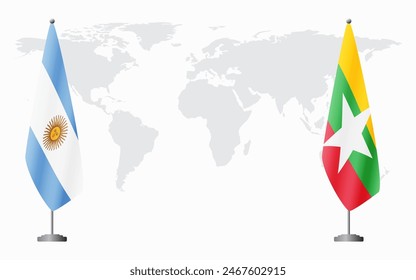 Argentina and Myanmar flags for official meeting against background of world map.