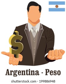 Argentina national currency Argentine peso symbol representing money and Flag. Vector design concept of businessman in suit with his open hand over with currency isolated on white background in EPS10.