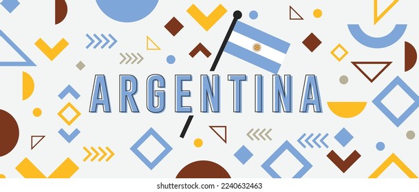 Argentina national day banner with flag colors theme background and geometric abstract Memphis style retro modern blue white yellow design. Argentinian theme. Buenos Aires Vector Illustration.