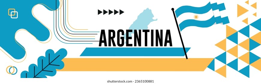 ARGENTINA  national day banner with map, flag colors theme background and geometric abstract retro modern colorfull design with raised hands or fists. 