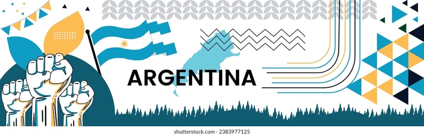 
ARGENTINA  national day banner with map, flag colors theme background and geometric abstract retro modern colorfull design with raised hands or fists.