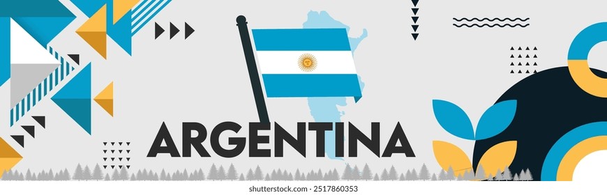 Argentina national day banner with map, Argentina flag theme background with geometric abstract retro modern blue white yellow design. Buenos Aires Vector Illustration.