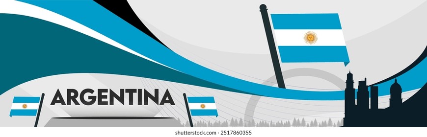 Argentina national day banner with map, Argentina flag theme background with geometric abstract retro modern blue white yellow design. Buenos Aires Vector Illustration.