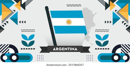 Banner nacional da Argentina com mapa, fundo tema bandeira da Argentina com abstrato geométrico retro moderno azul branco amarelo design. Ilustração Vetorial de Buenos Aires.