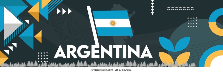 Argentina national day banner with map, Argentina flag theme background with geometric abstract retro modern blue white yellow design. Buenos Aires Vector Illustration.