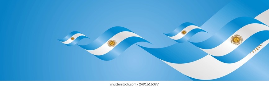 Argentina National Day waving flags two fold blue landscape background