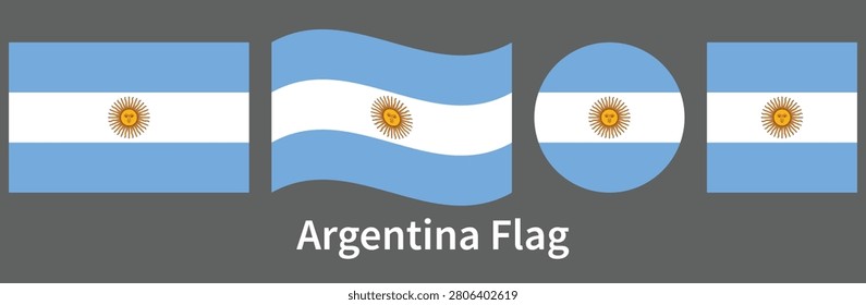 Argentina National Flag Collection with Flat, Waving, Round and Square Flag Icons Vector Illustration