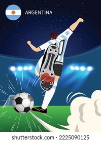 Selección Argentina de Fútbol. Jugador de fútbol argentino disparando y pateando a la pelota. Jugador de fútbol en el campo de fútbol o en el campo de fútbol. Ilustración vectorial.