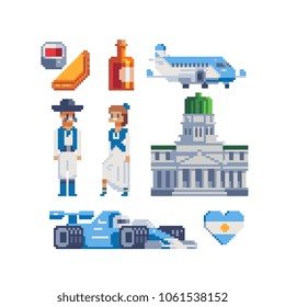 Argentina national landmarks attractions and food pixel art icons part 2, Travel Concept,  building opera,  traditional clothes, racing car isolated vector illustration. Design for stickers, logo, app