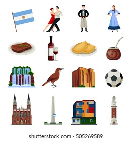 Argentina national landmarks attractions and food flat icons collection with clock tower and waterfalls isolated icons illustration 