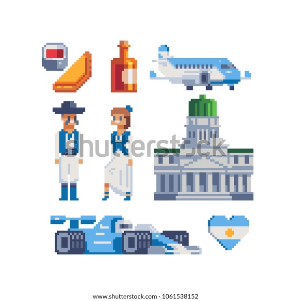Argentina national landmarks attractions and food\
pixel art icons part 2, Travel Concept,  building opera, \
traditional clothes, racing car isolated vector illustration.\
Design for stickers, logo,\
app