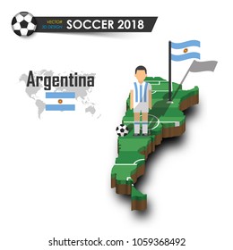 Argentina national soccer team . Football player and flag on 3d design country map . isolated background . Vector for international world championship tournament 2018 concept .