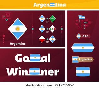 colección gráfica del kit de medios de comunicación del equipo nacional argentino de diseño. Juego de vectores de elementos de diseño del Campeonato Mundial de Fútbol o Fútbol de 2022. Pancartas, afiches, kit de medios sociales, plantillas, marcador.