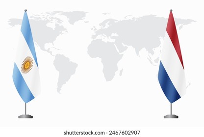 Argentina and Netherlands flags for official meeting against background of world map.