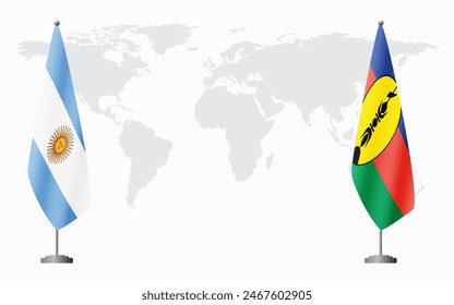 Argentina and New Caledonia flags for official meeting against background of world map.