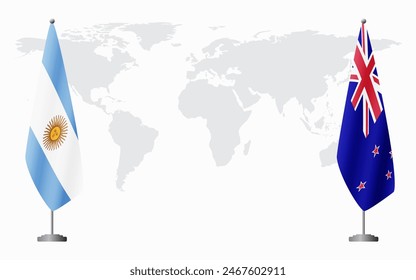 Argentina and New Zealand flags for official meeting against background of world map.