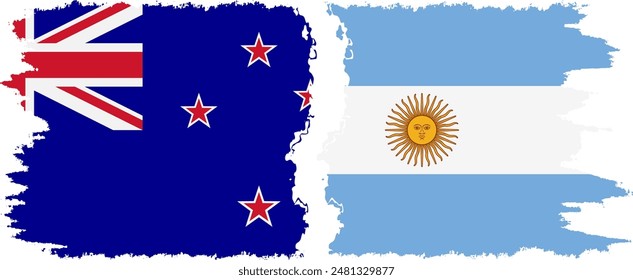 Argentina and New Zealand grunge flags connection, vector