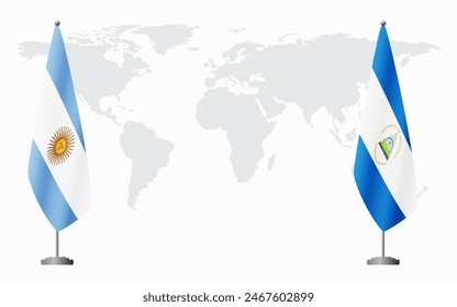 Argentina and Nicaragua flags for official meeting against background of world map.