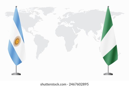 Argentina and Nigeria flags for official meeting against background of world map.