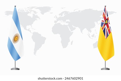 Argentina and Niue flags for official meeting against background of world map.