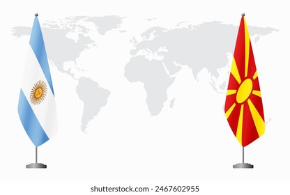 Argentina and Northern Macedonia flags for official meeting against background of world map.