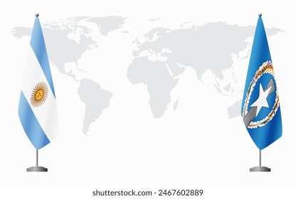 Argentina and Northern Mariana Islands flags for official meeting against background of world map.