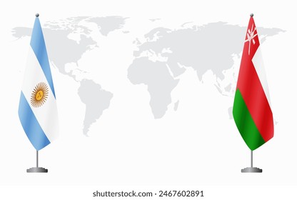 Argentina and Oman flags for official meeting against background of world map.