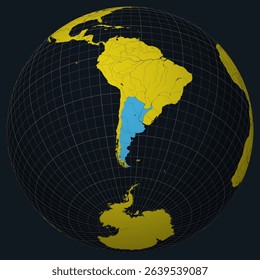 Argentina on Globe. Country view on the world map in Charcoal Bright Yellow color palette. Argentina shape on map. Globe with meridians, parallels, countries, rivers and lakes.