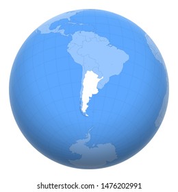 Argentina on the globe. Earth centered at the location of the Argentine Republic. Map of Argentina. Includes layer with capital cities.