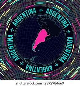 Argentina on globe. Satellite view of the world centered on Argentina. Bright neon style. Futuristic radial bricks background. Awesome vector illustration.