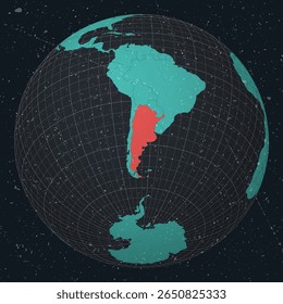 Argentina no Globe. Olhar vintage com textura grunge riscado. Mapa do mundo no mapa da paleta de cores de Turquesa a carvão escuro. Forma argentina no mapa. Globo com meridianos e paralelos.