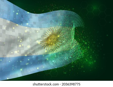 Argentina, on vector 3d flag on green background with polygons and data numbers