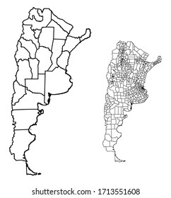 Argentina outline map vector with administrative borders, regions, municipalities, departments in black white colors