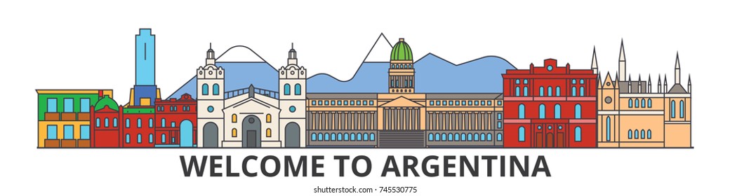 Argentina outline skyline, argentinian flat thin line icons, landmarks, illustrations. Argentina cityscape, argentinian travel city vector banner. Urban silhouette