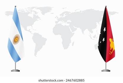 Argentina and Papua New Guinea flags for official meeting against background of world map.