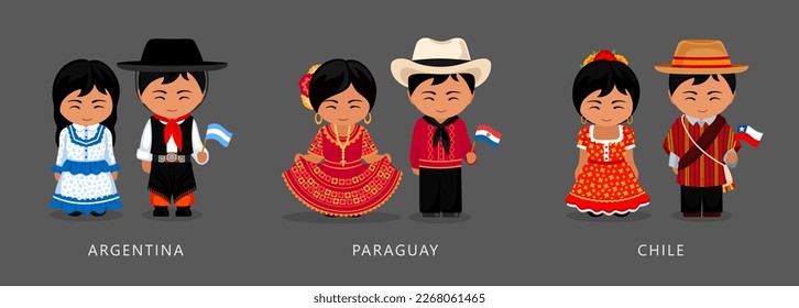 Argentina, Paraguay, Chile ethnic costume. Woman wearing traditional dress, man with national flag. Latin American couple. Vector flat illustration.