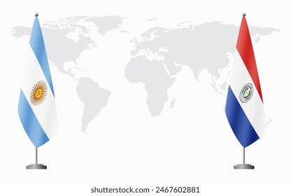 Argentina and Paraguay flags for official meeting against background of world map.