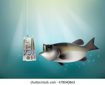 Argentina peso money paper on fish hook, fishing using Argentina peso money cash as bait, Argentina investment risk concept idea