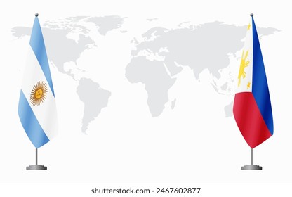 Argentina and Philippines flags for official meeting against background of world map.